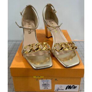 Unisa Gold Metallic Heeled Sandals Chain Detail Square Toe Dallie 2 Women’s Sz 8